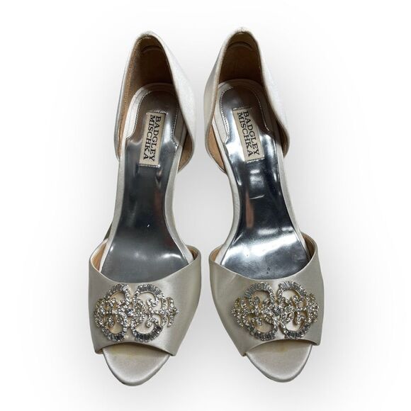 Badgley Mischka Crystal Embellished Wedding Peep Toe Heels Shoes - Picture 1 of 9